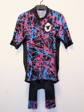 Black Sheep Cycling Women’s Bib Shorts & Jersey Set Pink Blue Splatter Set L